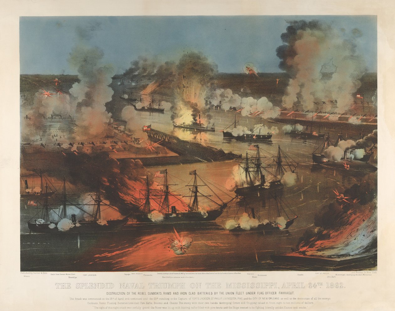 Splendid Naval Triumph Mississippillä, 24. huhtikuuta tekijältä Currier and Ives