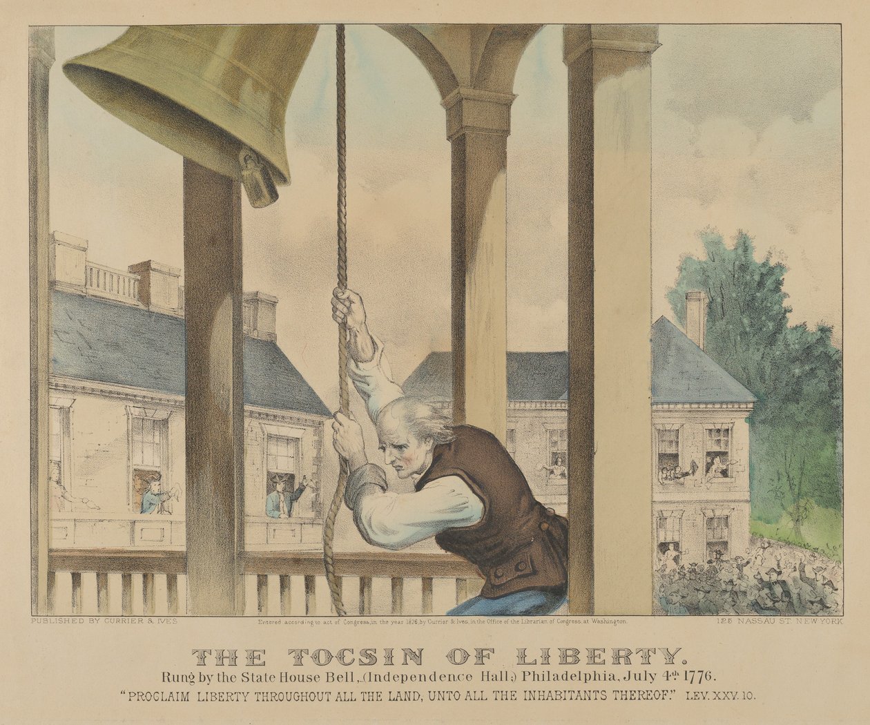 The Tocsin of Liberty soittaa State House Bellissä Philadelphiassa 4. heinäkuuta 1776 tekijältä Currier and Ives