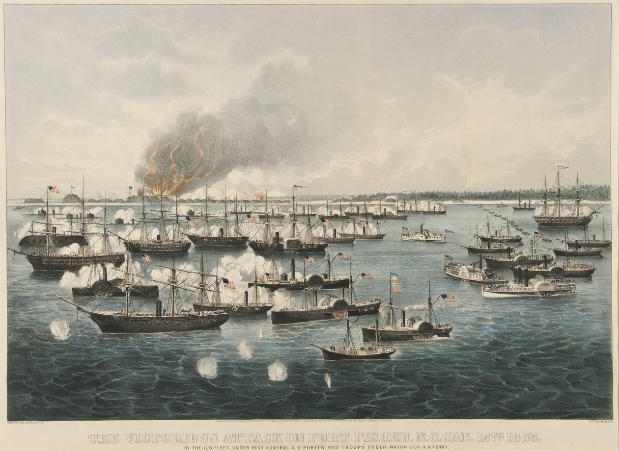 Voittoisa hyökkäys Fort Fisheriin, 1865 (värilitografia) tekijältä Currier and Ives