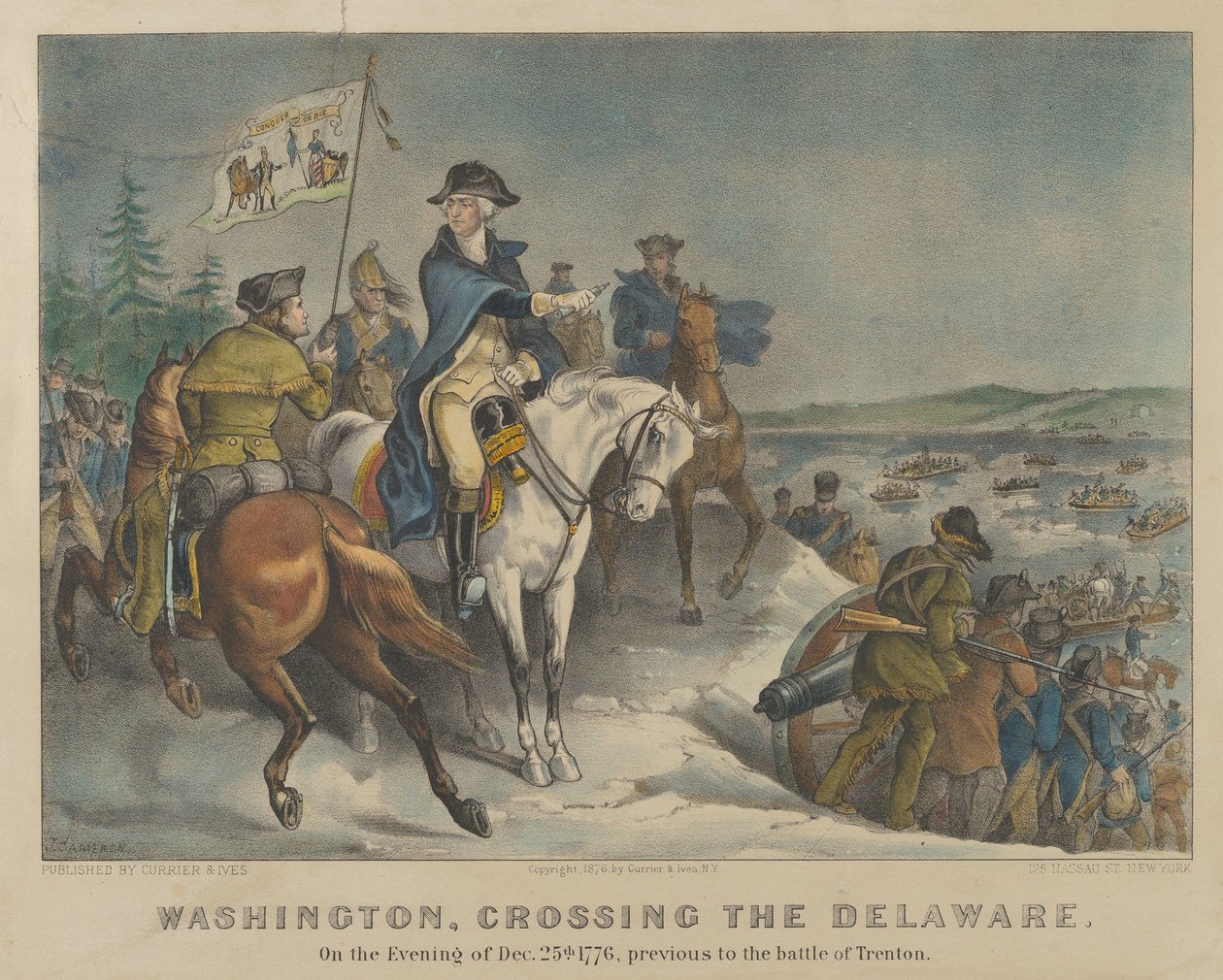 Washington ylitti Delawaren illalla 25. joulukuuta 1776, ennen Trentonin taistelua tekijältä Currier and Ives