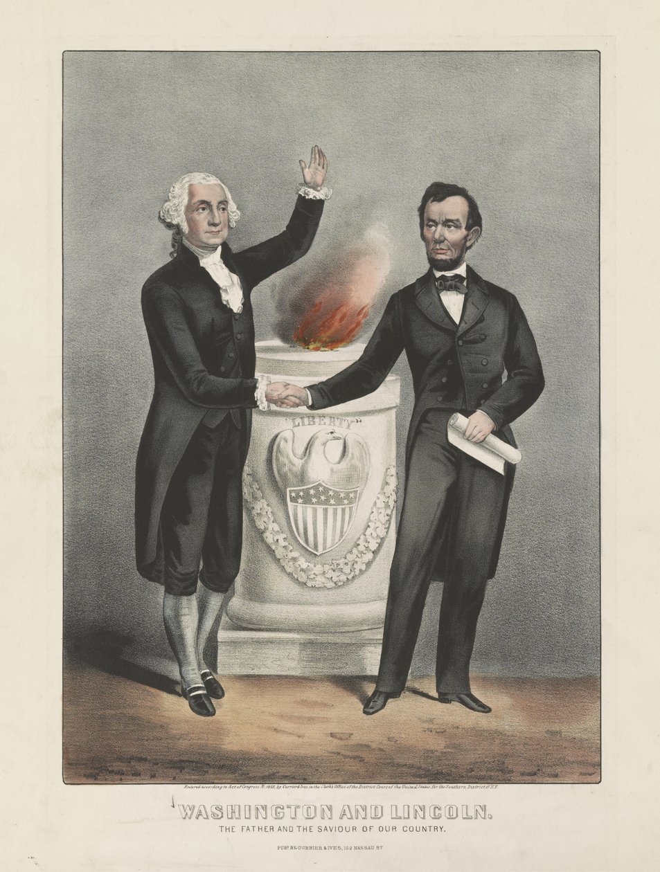 Washington ja Lincoln. Isä ja maamme pelastaja, n.1865 (värilitografia) tekijältä Currier and Ives