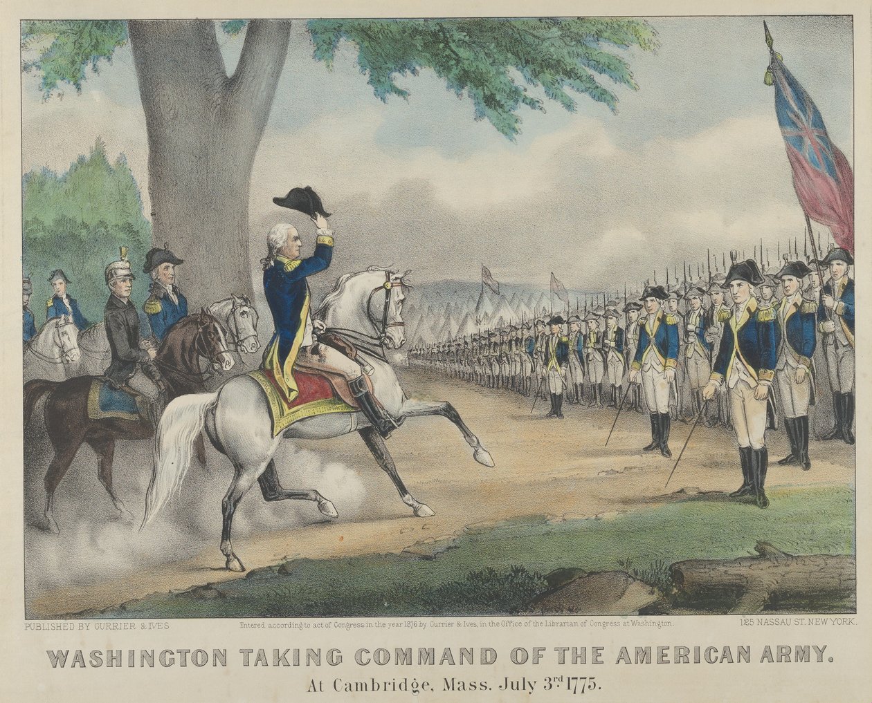 Washington ottaa Yhdysvaltain armeijan komennon Cambridgessä, Massachusettsissa 3. heinäkuuta 1775 tekijältä Currier and Ives