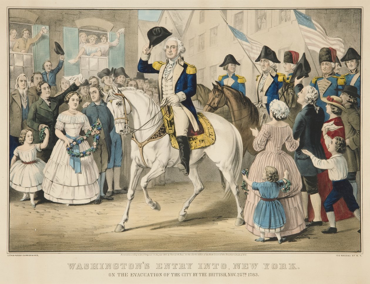 Washingtonin tulo New Yorkiin, kun britit evakuoivat kaupungin 25. marraskuuta 1783 tekijältä Currier and Ives