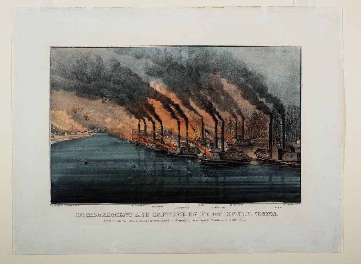 Fort Henryn pommitus ja valloitus, Tennessee, noin 1862. tekijältä N. and Ives, J.M. Currier