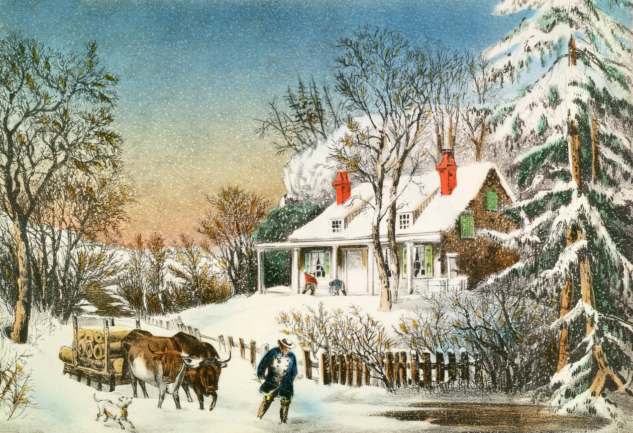 Tukkien kotiin tuominen, talvimaisema, 1800-luku tekijältä N. and Ives, J.M. Currier