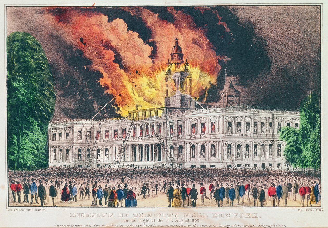 New Yorkin kaupungintalon palaminen 17. elokuuta 1858 yöllä. tekijältä N. and Ives, J.M. Currier