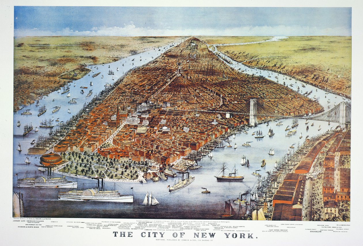 New Yorkin kaupunki, 1876 tekijältä N. and Ives, J.M. Currier