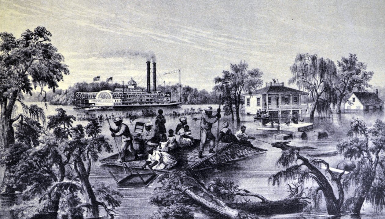 Currier & Ives -kuvitus 1800-luvulta. Korkea vesi Mississippissä tekijältä N. and Ives, J.M. Currier