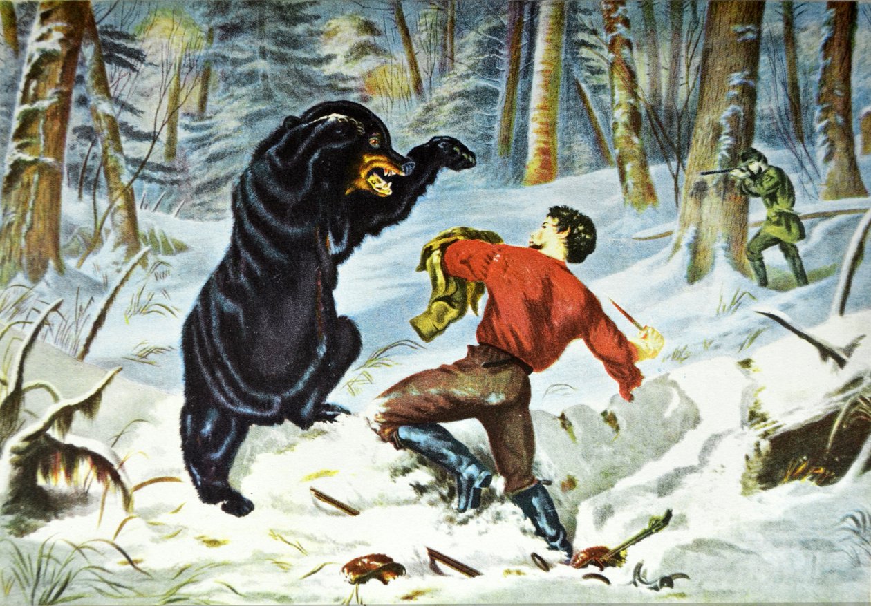 Currier & Ives -kuvitus 1800-luvulta. Metsästäjän elämä. Tiukka korjaus. tekijältä N. and Ives, J.M. Currier
