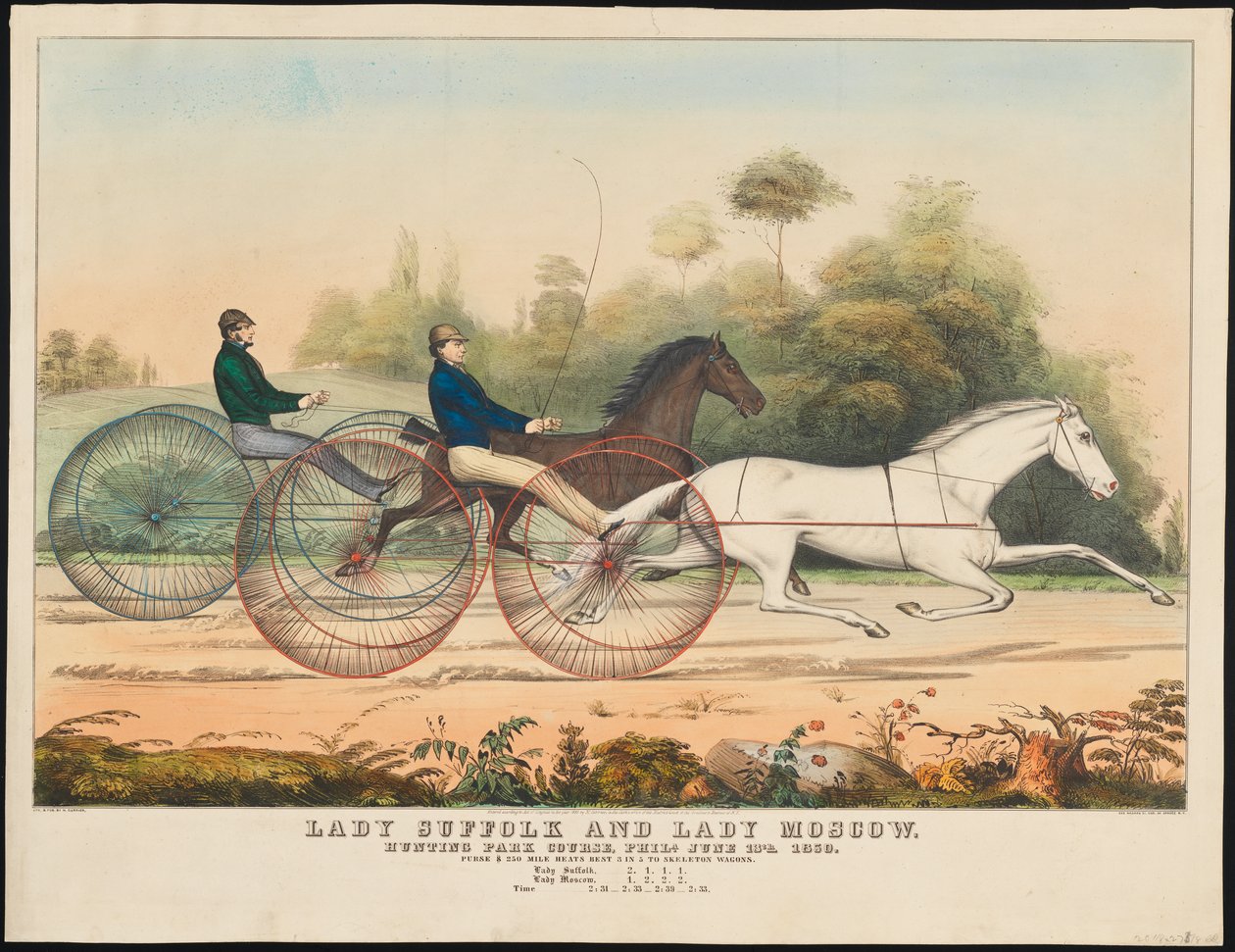 "Lady Suffolk" ja "Lady Moscow", Hunting Park Course, Philadelphia, 13. kesäkuuta 1850 (käsinvärinen lito) tekijältä N. and Ives, J.M. Currier