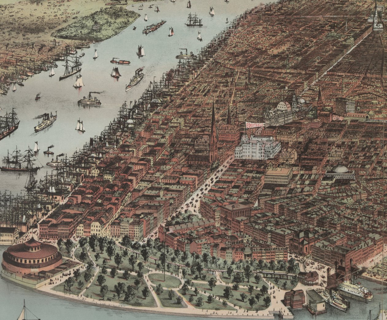 New Yorkin kaupunki (yksityiskohta), 1883 tekijältä N. and Ives, J.M. Currier
