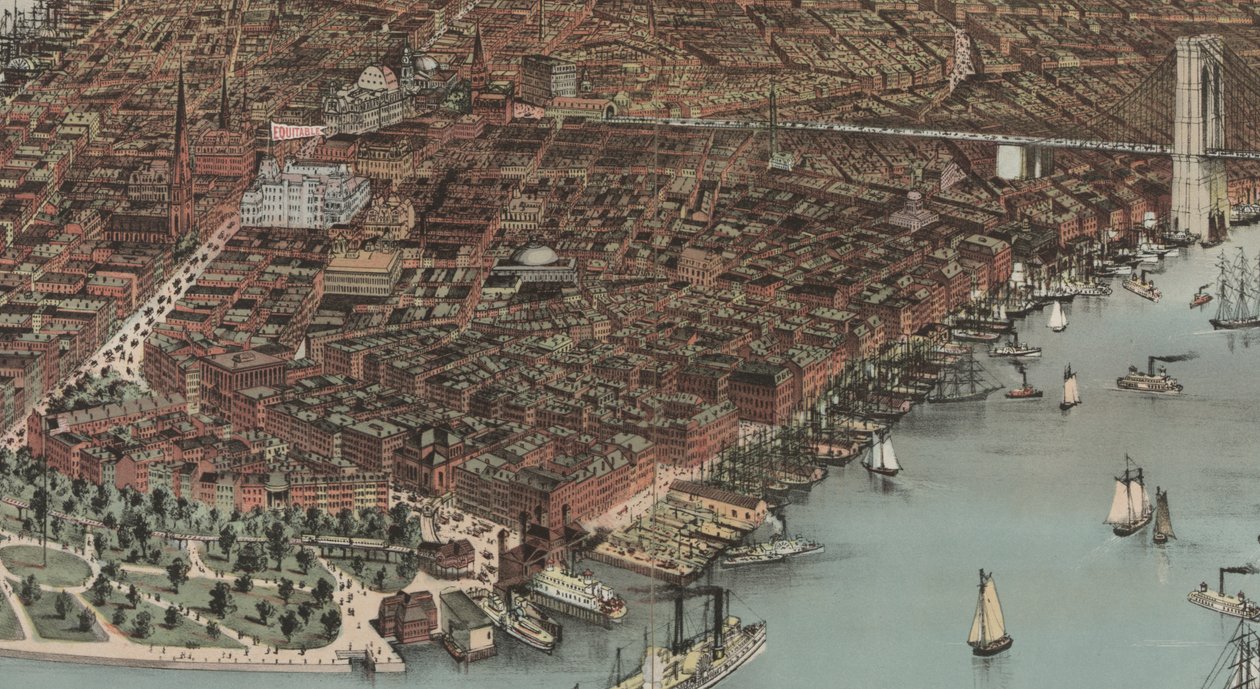 New Yorkin kaupunki (yksityiskohta), 1883 tekijältä N. and Ives, J.M. Currier