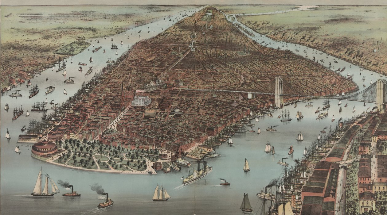 New Yorkin kaupunki, 1883 tekijältä N. and Ives, J.M. Currier