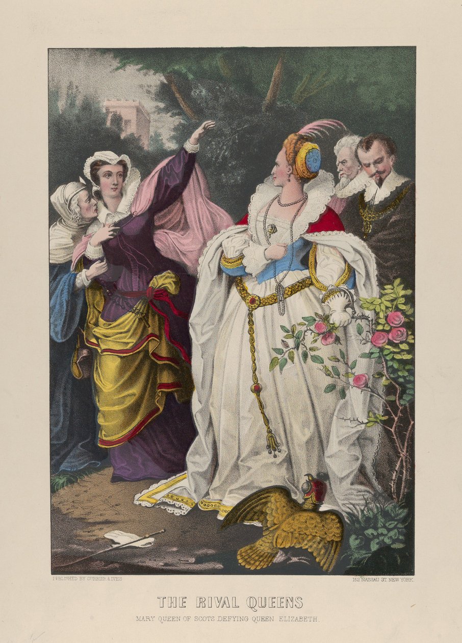 The Rival Queens, Mary Queen of Scots uhmaa kuningatar Elisabetia, 1857-72 (Käsinväritetty litografia) (Käsinvärjätty litografia) tekijältä N. and Ives, J.M. Currier