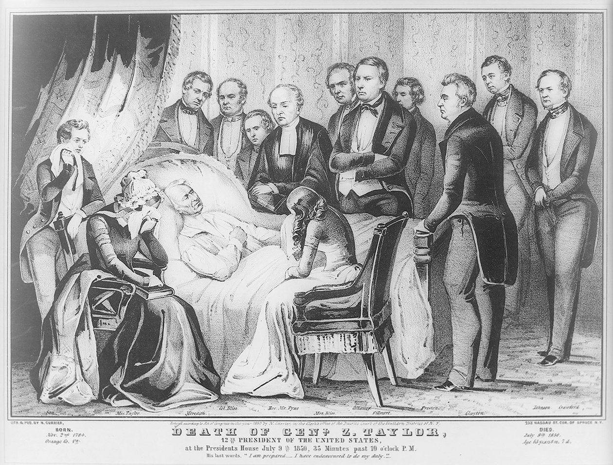 Zachary Taylor kuolinvuoteellaan Valkoisessa talossa, 1850 tekijältä N. and Ives, J.M. Currier
