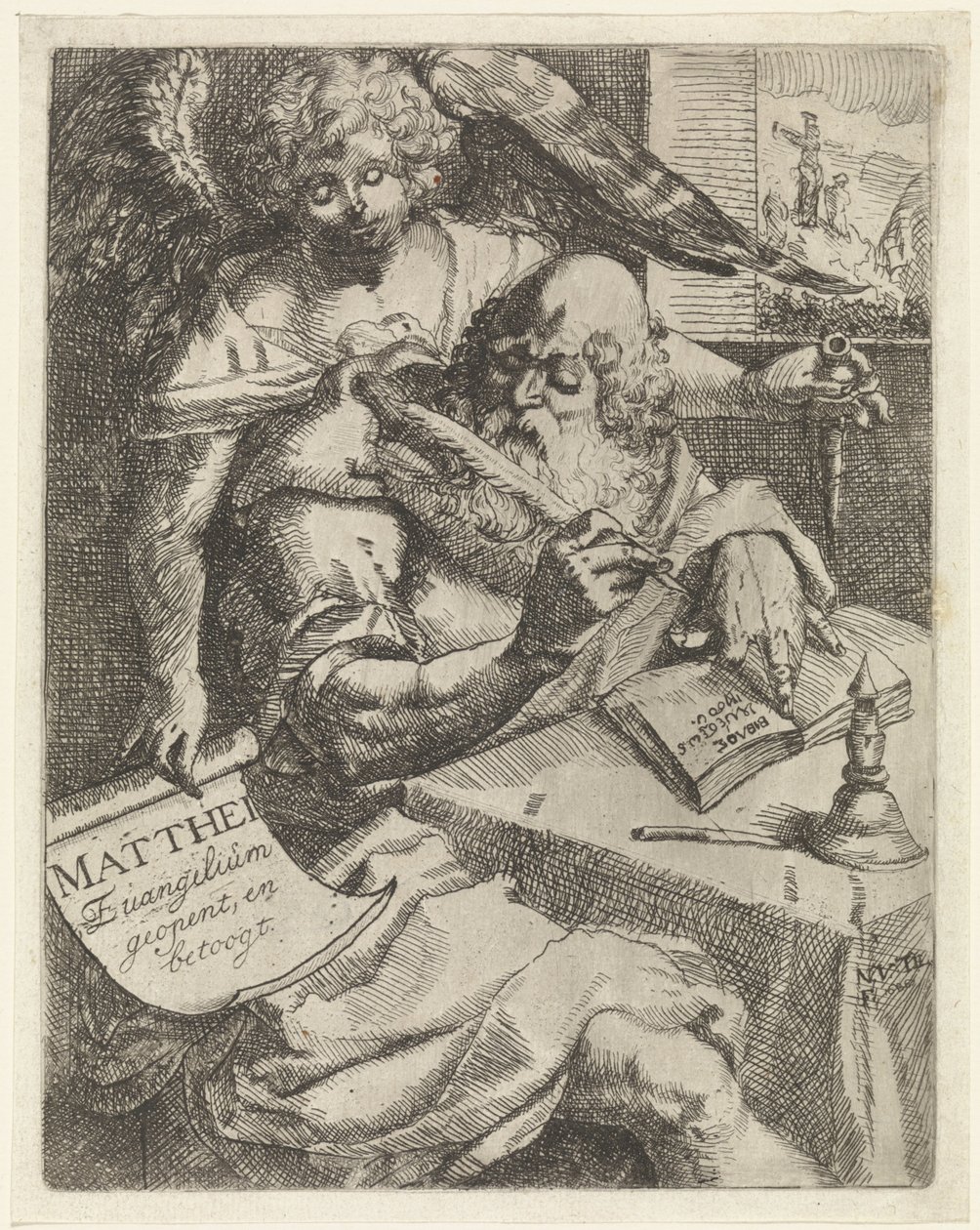 Matteus evankelista Matthei Evangelium avaa ja väittelee (otsikko esineessä) Nimisivu: S. van Til, Het euangelium des H. Apostles Matthæi (...) avattu lyhyillä muistiinpanoilla, 1687 tekijältä N. van Til