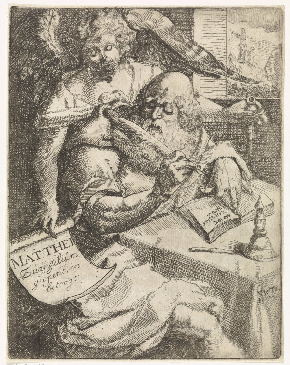 Matteus evankelista Matthei Evangelium avaa ja väittelee (otsikko esineessä) Nimisivu: S. van Til, Het euangelium des H. Apostles Matthæi (...) avattu lyhyillä muistiinpanoilla, 1687 tekijältä N. van Til