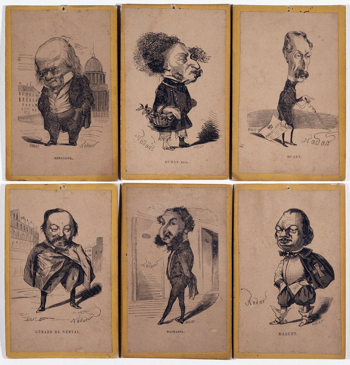 6 Charge-muotokuvaa: Pierre Jean de Beranger (1780-1857) ranskalainen lauluntekijä, Alexandre Dumas fils (1824-1895), Louis Adrien Huart (1813-1865) ranskalainen toimittaja, kirjailija ja teatteriohjaaja, Gerard de Nerval (1808-1855), Ranskalainen kirjaili tekijältä Nadar