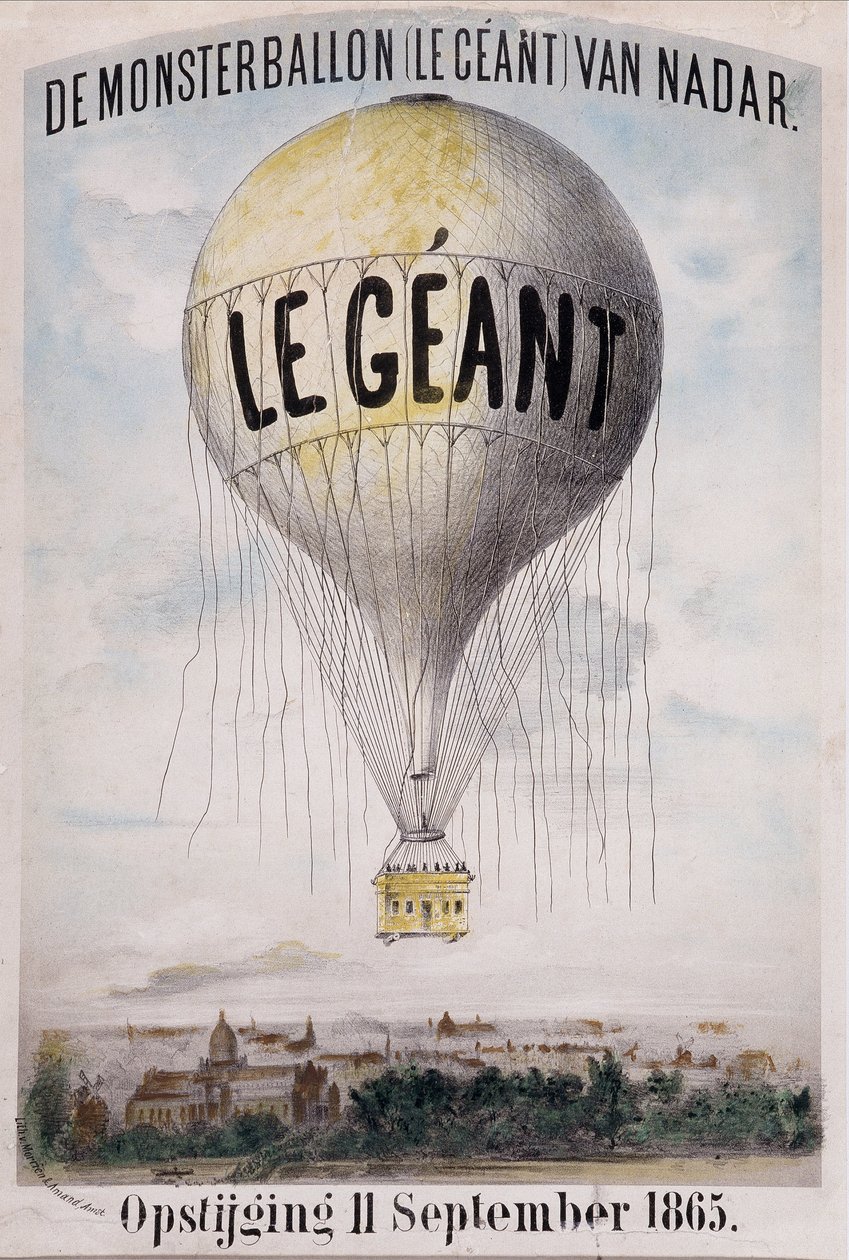 De Monsterballon (Le Giant) van Nadar Opstijging 11. syyskuuta 1865. Hollantilainen mainos pallon purkamisesta "The Giant" 11. syyskuuta tekijältä Nadar
