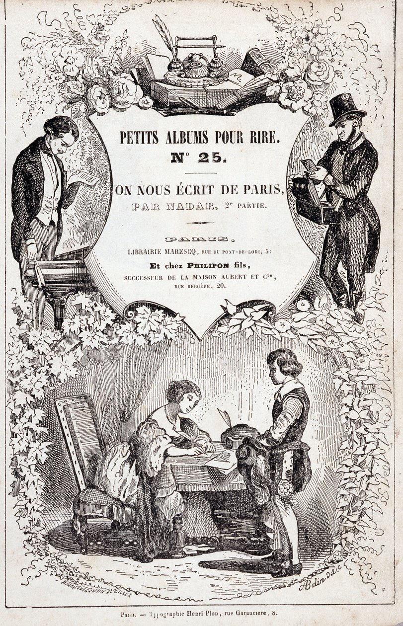 Frontispice of "Pikkualbumit nauruille numero 25. He kirjoittivat meille Pariisista. Toinen osa”, 1850 (kaiverrus) tekijältä Nadar