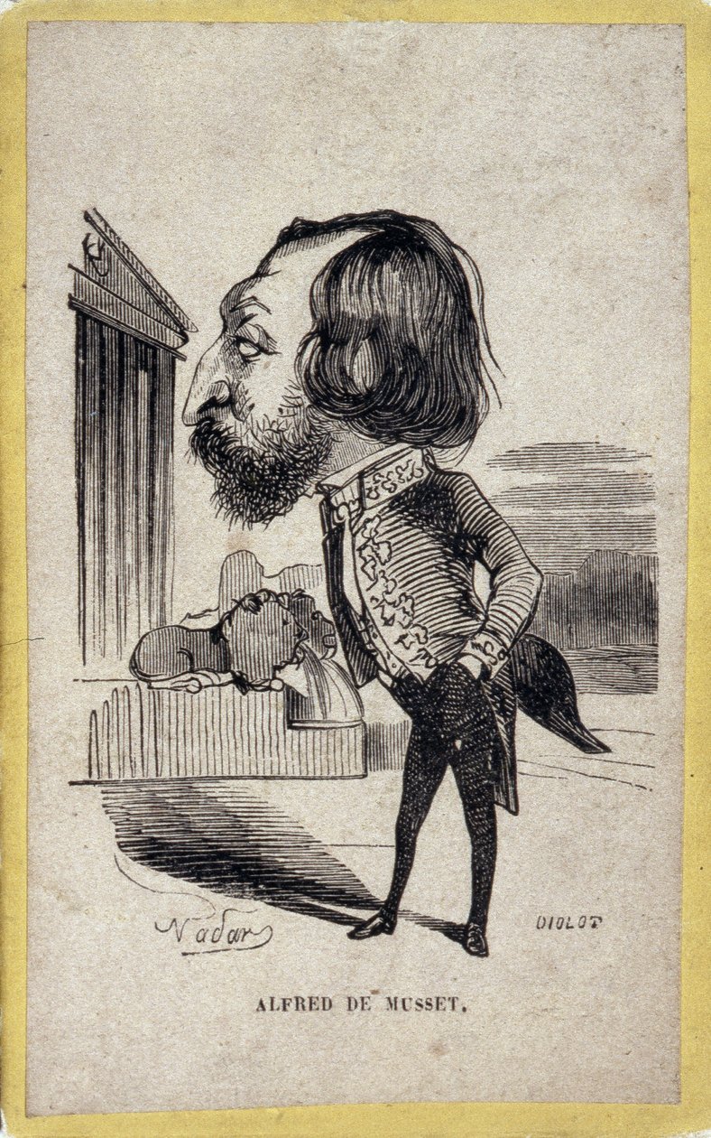 Alfred de Mussetin (1810-1857), ranskalaisen runoilijan ja näytelmäkirjailijan muotokuva. Gaspard Felix Tournachonin sarjakuva Felix Nadarissa (1820-1910). tekijältä Nadar