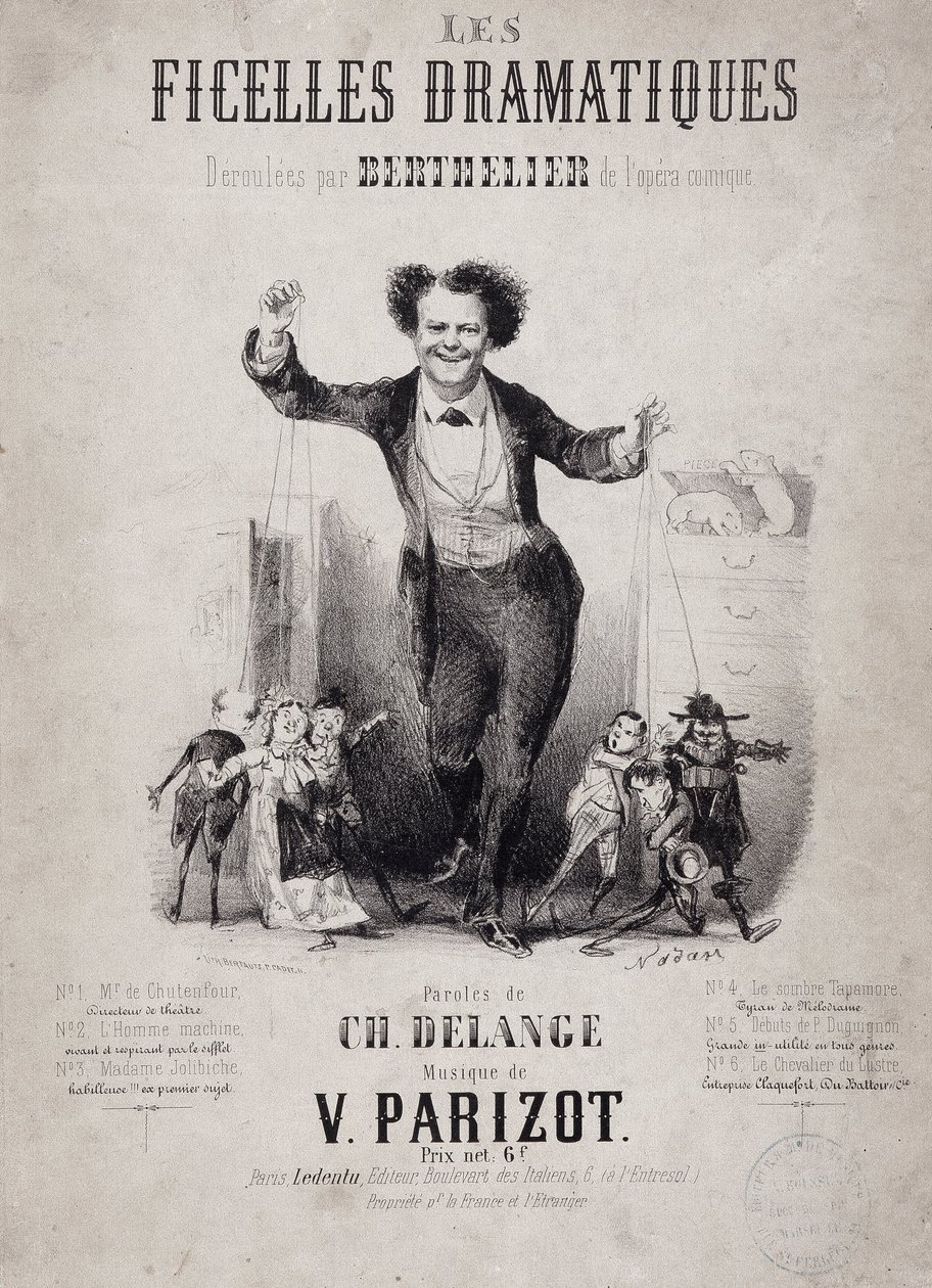 Muotokuva Jean Berthelieristä (1830-1888) pitelemässä nukkepoikia. Albumi "Les Ficelles Dramatiques deroulees by Berthelier de l