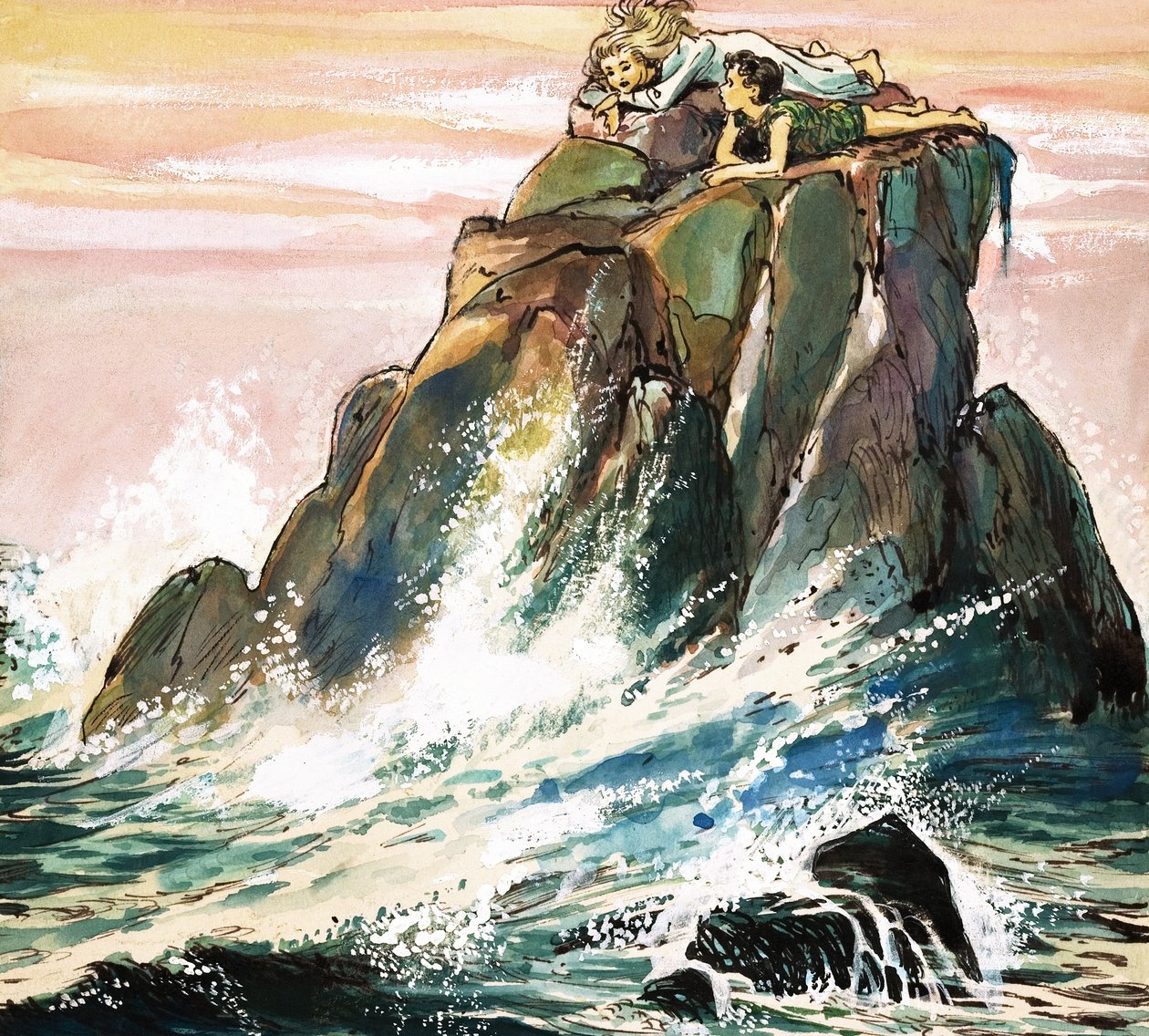 Peter Pan ja Wendy Darling kalliolla, kuvitus J.M. Barrien teoksesta Peter Pan (guassi paperille). tekijältä Nadir Quinto