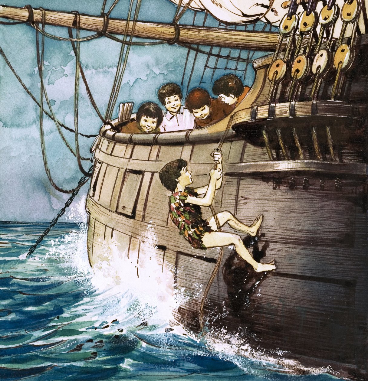Peter Pan kiipeää kyytiin, kuvitus J.M. Barrien kirjasta Peter Pan (guassi paperille). tekijältä Nadir Quinto