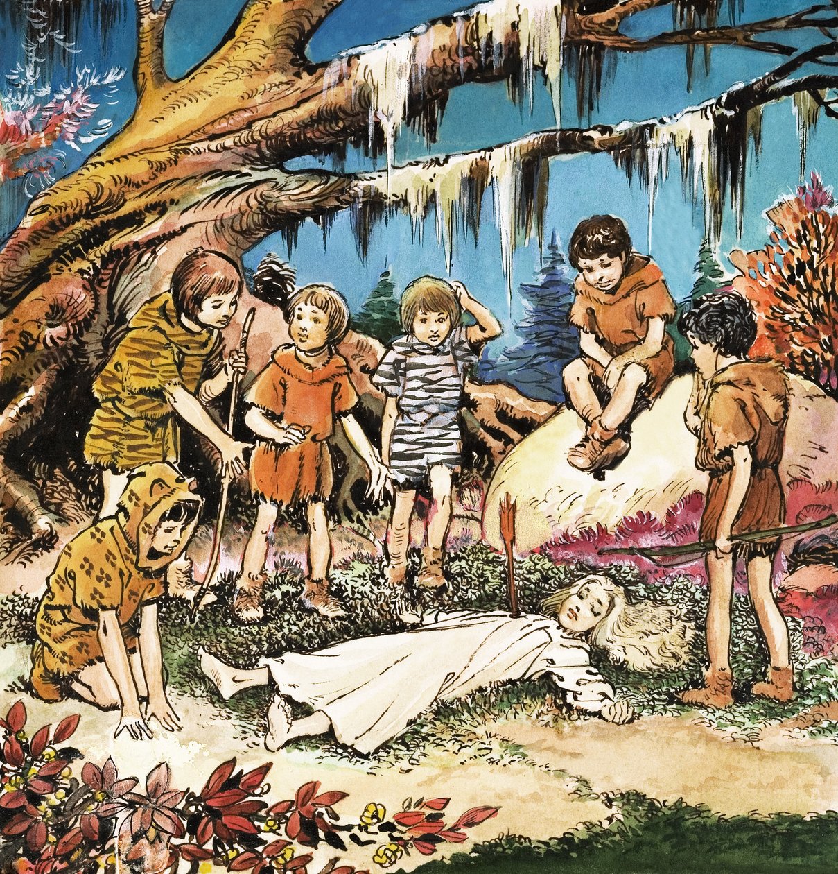 Kadonneiden poikien huoli loukkaantuneesta Wendystä, kuvitus J.M. Barrien teoksesta Peter Pan (guassi paperille). tekijältä Nadir Quinto