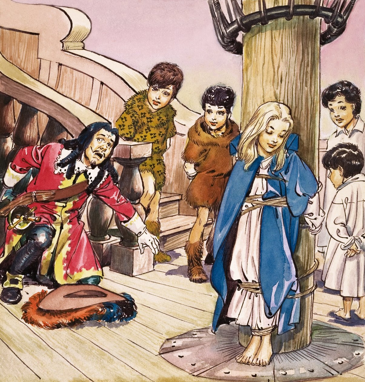 Wendy sidottuna mastoon, kuvitus J.M. Barrien Peter Pan -teoksesta (guassi paperille). tekijältä Nadir Quinto