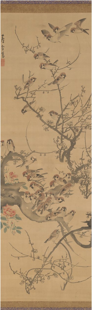 Varpuset luumupuussa, 1790-luvun alku. tekijältä Nagasawa Rosetsu