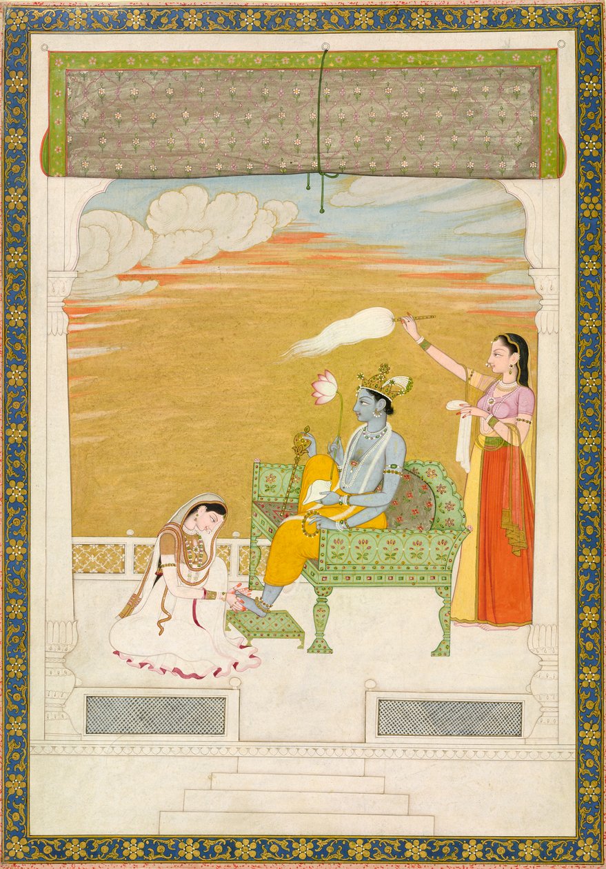 Lakshmi hieroo Vishnun jalkaa, n. 1765-1770. Tekijät: Nainsukh, Manju. tekijältä Nainsukh Manju