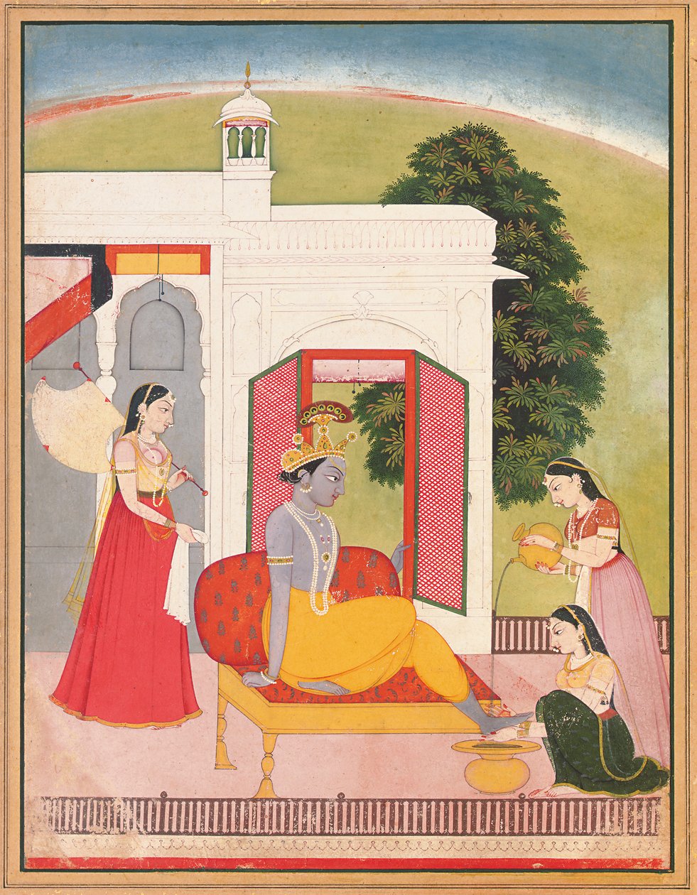 Krishnan jalat pesivät piikoja, Punjab Hills, Basohli, n. 1780 tekijältä Nainsukh