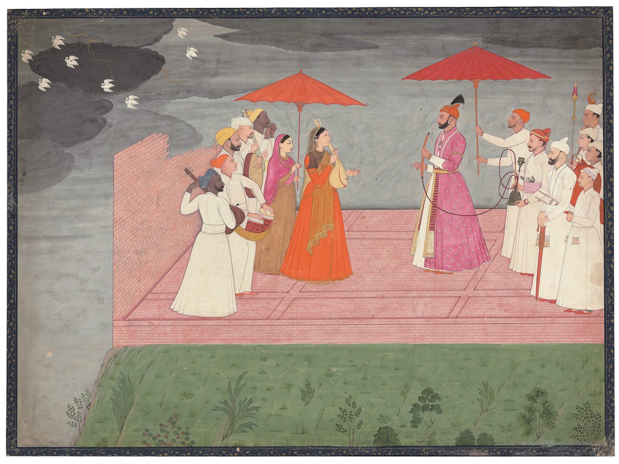 Muusikot soittavat ragaa Balwant Dev Singhille sadekauden aikana, n. 1745-50 tekijältä Nainsukh