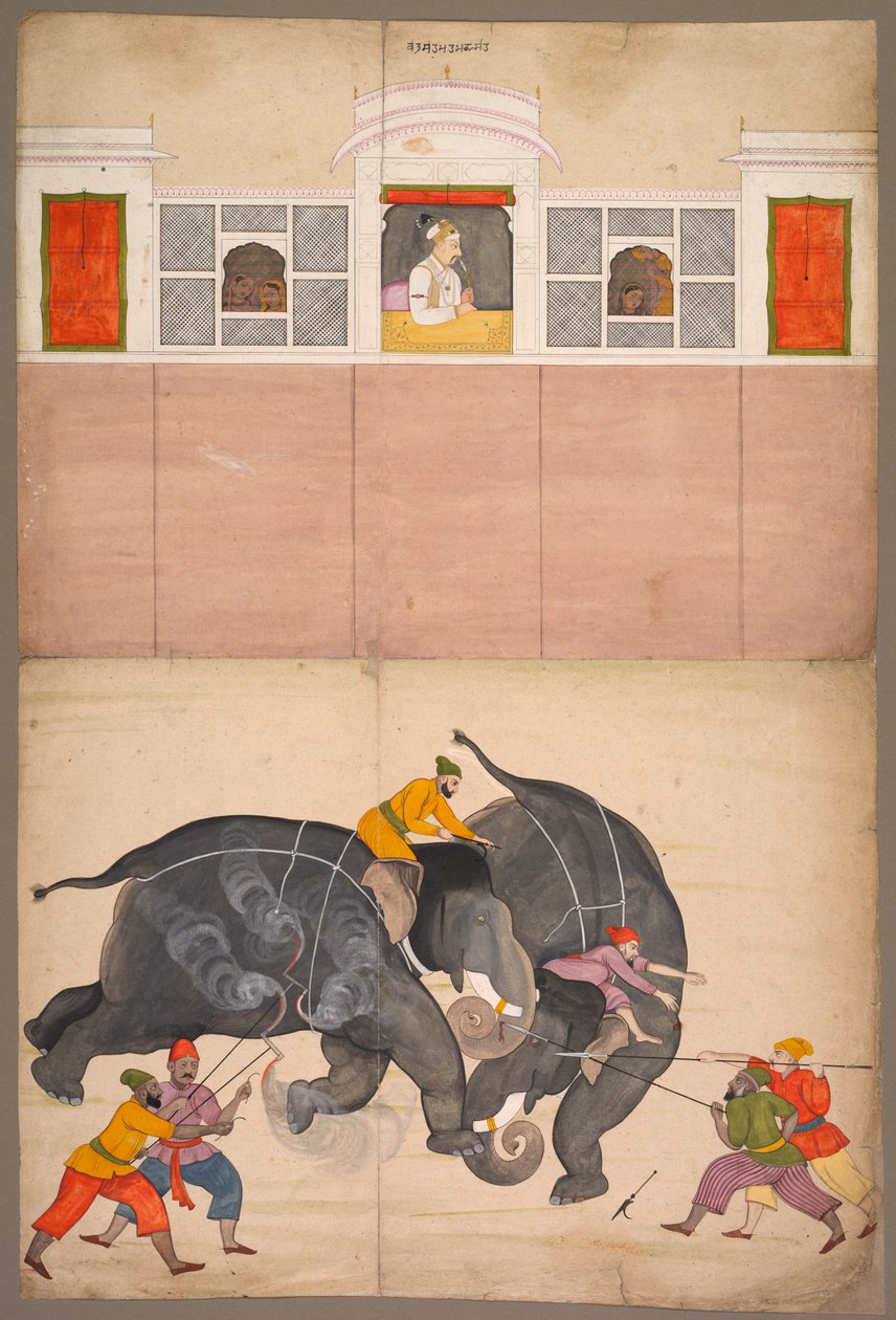 Kaksi norsua taistelevat pihalla ennen Muhammad Shahia, n. 1730-40. tekijältä Nainsukh