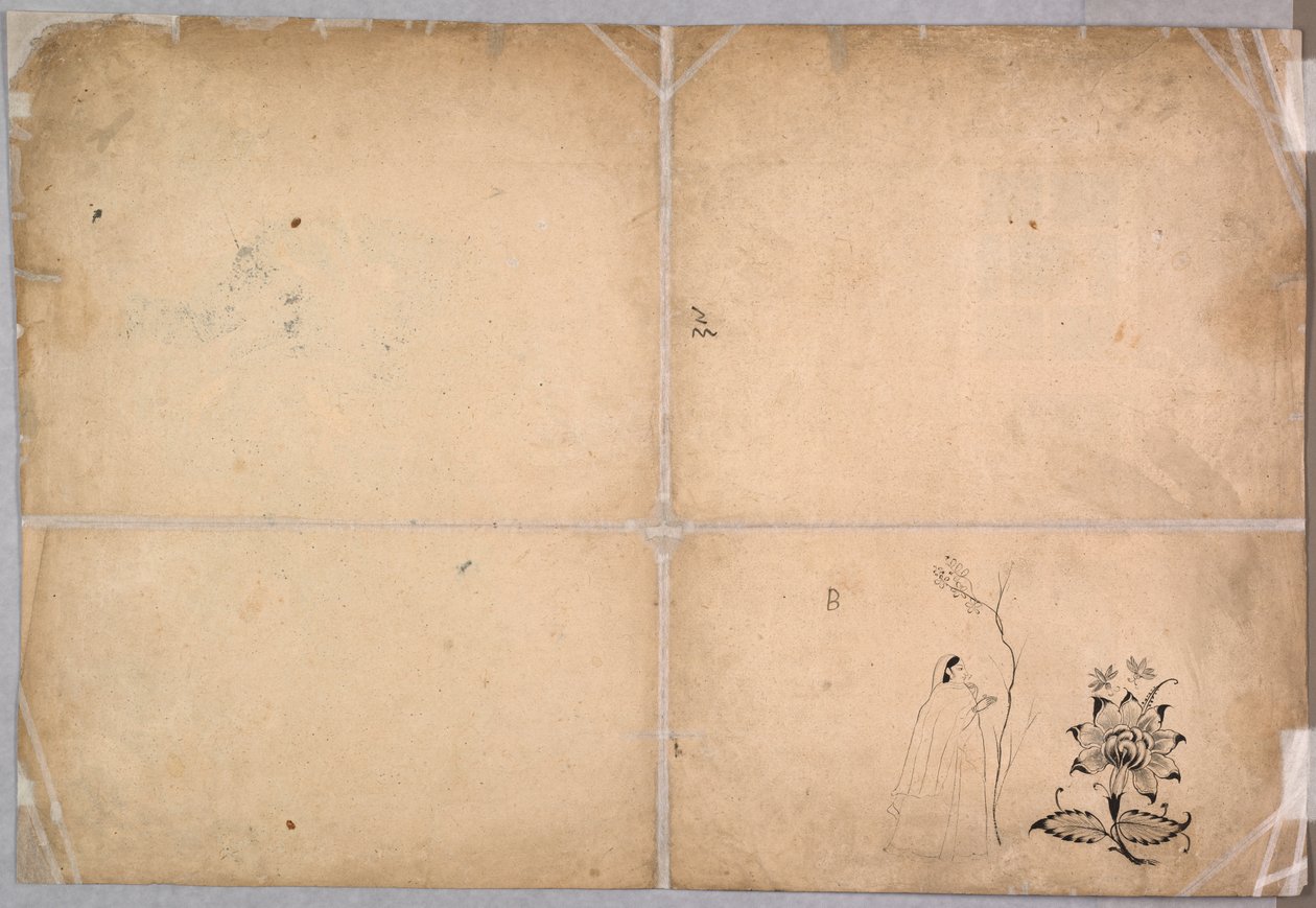 Kaksi norsua taistelevat pihalla ennen Muhammad Shahia, n. 1730-40. tekijältä Nainsukh
