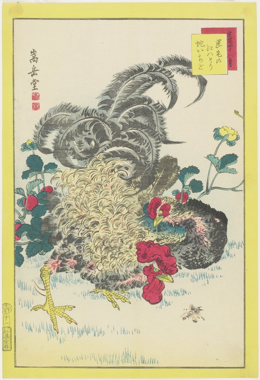 Kukko ja vadelmat, kesäkuu 1859 (värillinen puupainatus) tekijältä Nakayama Sugakudo