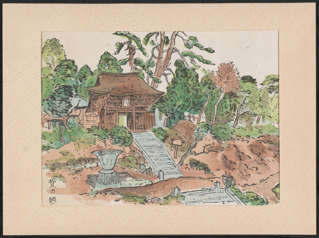 De Matsunodera temppeli Aobayama Matsuodera -temppeli (otsikko esineessä) Houtsnedes van heilige Kannon tempels (sarjan nimi) Pyhien Kannon-temppeleiden Wooblock-printit (sarjan nimi esineessä) Mokuhanga Kannon reijô sen (sarjan nimi esineellä) tekijältä Nakazawa Hiromitsu
