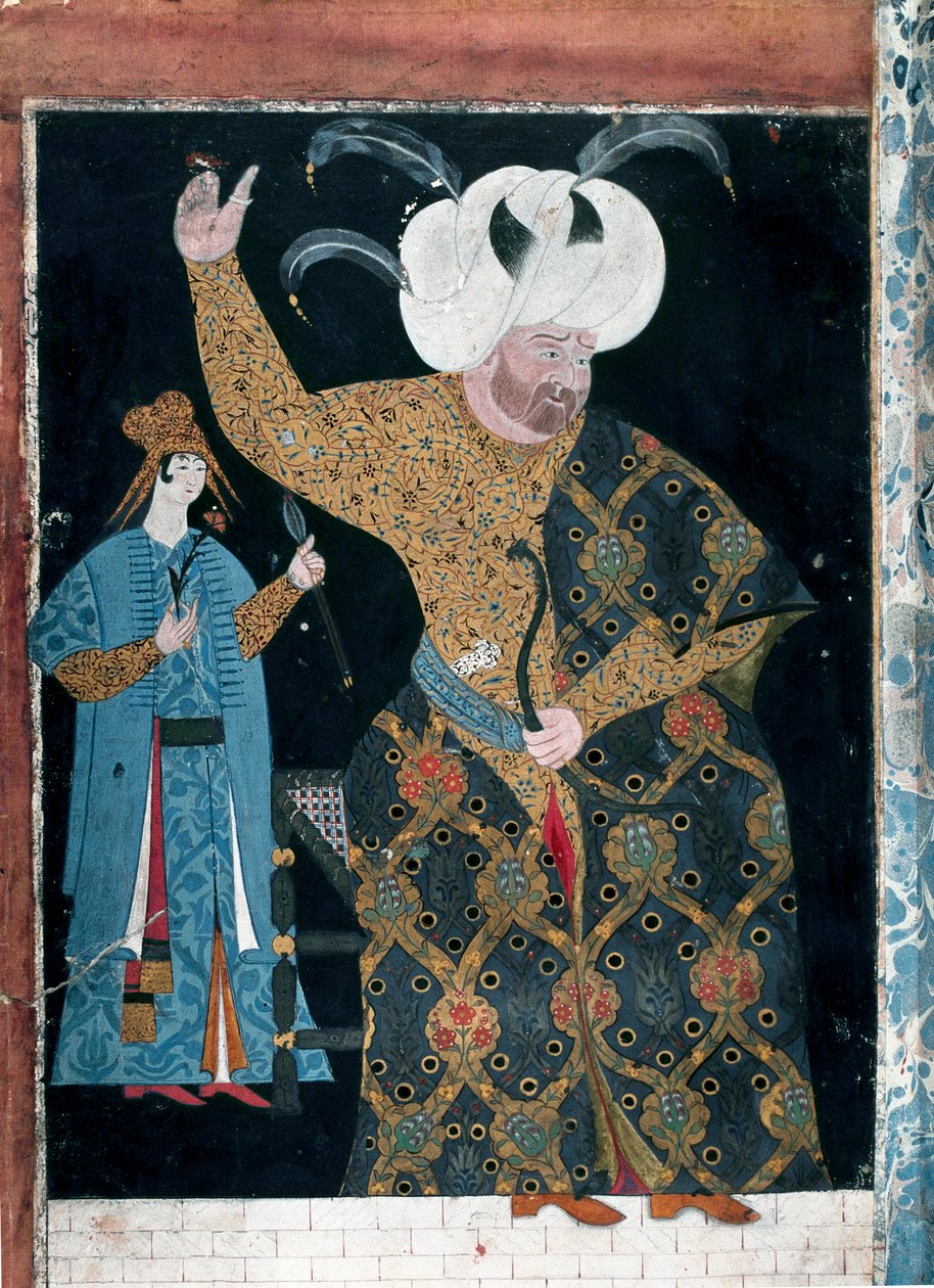 Ottomaanien valtakunta: "" Muotokuva sulttaani Selim II:sta, jota kutsutaan humalassa tai Sari Blondiksi (1524-1574)"" Reis Haydar Naked the Nigari (1494-1572) akvarelli (TKS 2134, fol. 3 b) Istanbul, Topkapi Seray tekijältä Nakkep called Nigari Reis Haydar