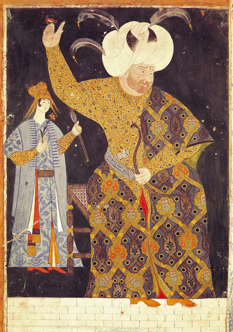 Muotokuva sulttaani Selim II:sta (1524-74), joka ampuu jousella ja nuolella tekijältä Nakkep, called Nigari Reis Haydar