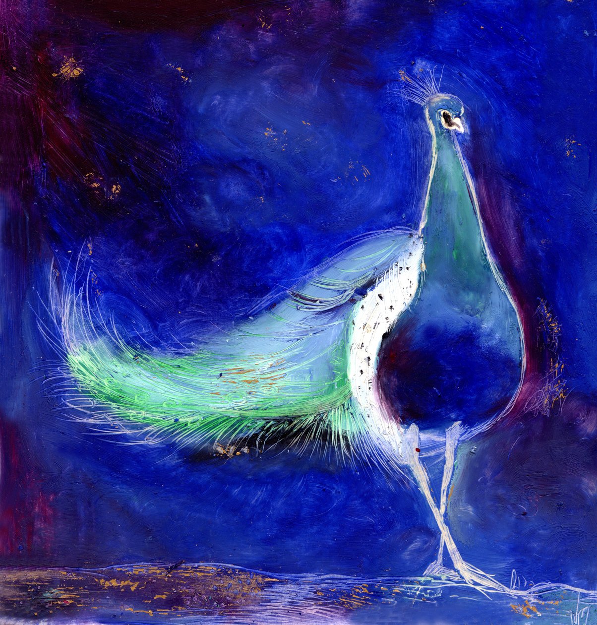 Peacock Blue, 2013, (öljy ja kultalehti kortilla) tekijältä Nancy Moniz Charalambous