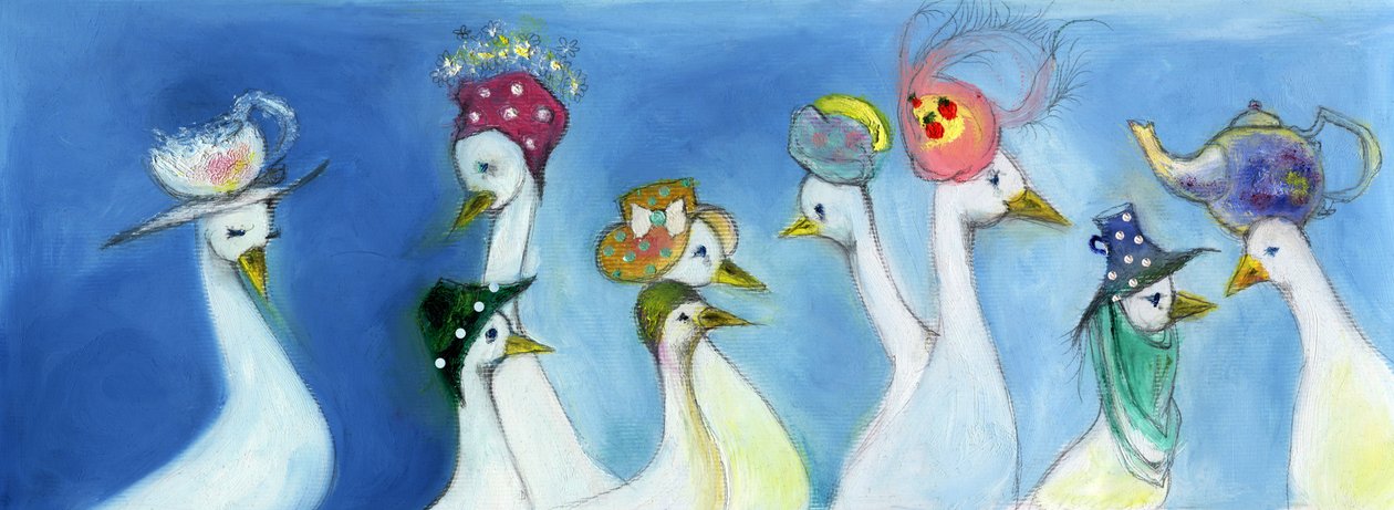 Tea Duck, 2015, (öljypastellit ja kynä kortilla) tekijältä Nancy Moniz Charalambous