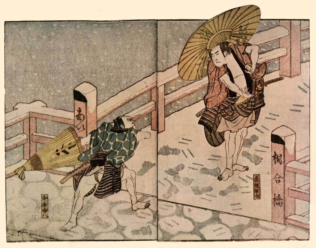 Avojaloin miehiä aurinkovarjoineen lumessa, 1811, 1924. tekijältä Naniwa Shunkosai