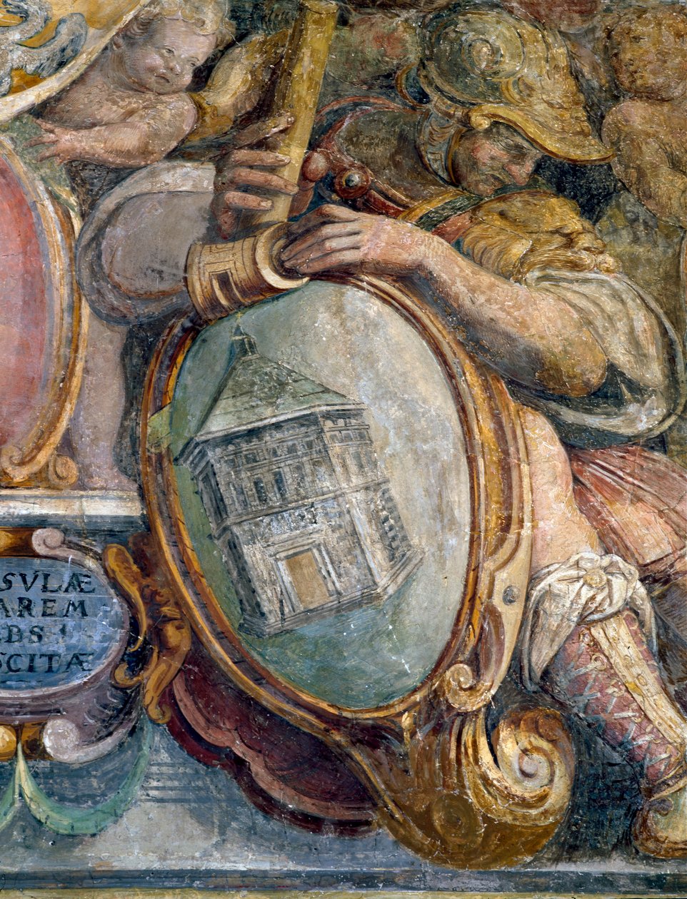 Makuuhuone, yksityiskohta friisistä, jossa kuvataan Medicien hallitsemia kaupunkeja ja rakennuksia, S. Giovannin kastekappeli, Firenze, 1564-75, fresko. tekijältä Bartolomeo Ammannati