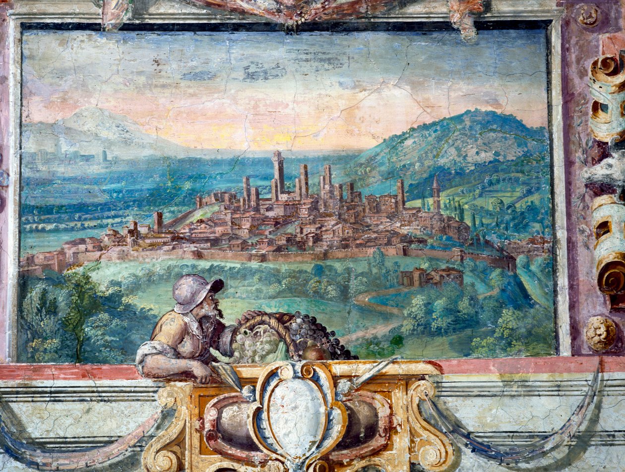 Makuuhuone, yksityiskohta friisistä, joka kuvaa Medici-vallan aikaisia kaupunkeja, San Gimiginano, 1564-75, fresko. tekijältä Bartolomeo Ammannati