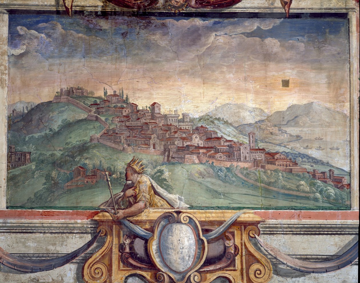 Makuuhuone, yksityiskohta friisistä, joka kuvaa Medici-vallan aikaisia kaupunkeja, mahdollisesti Cortona, 1564-75 fresko. tekijältä Bartolomeo Ammannati