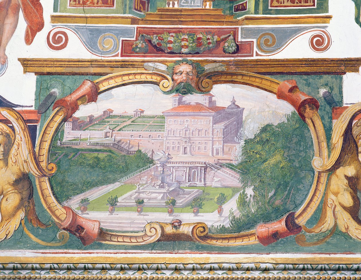 Francesco deMedicin Studiolo-tutkimus 1541-87 Yksityiskohta friisikoristelusta, joka kuvaa yhtä Medicin huviloista, sen puutarhaa ja suihkulähdettä, 1564-75 fresko. tekijältä Bartolomeo Ammannati