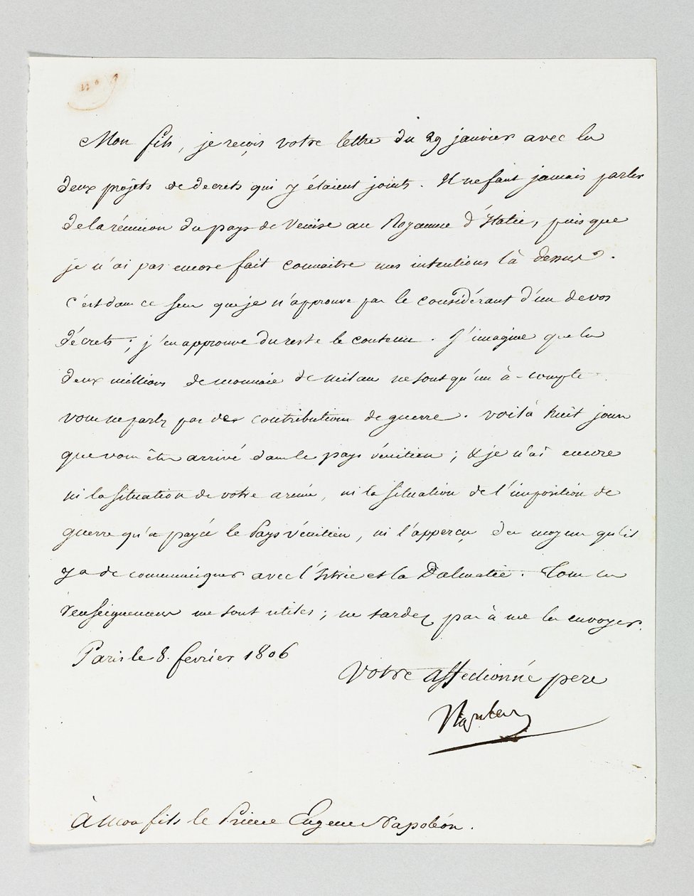 Napoleonin allekirjoitettu kirje poikapuolensa prinssi Eugène de Beauharnais Napoleonille tekijältä Napoleon Bonaparte