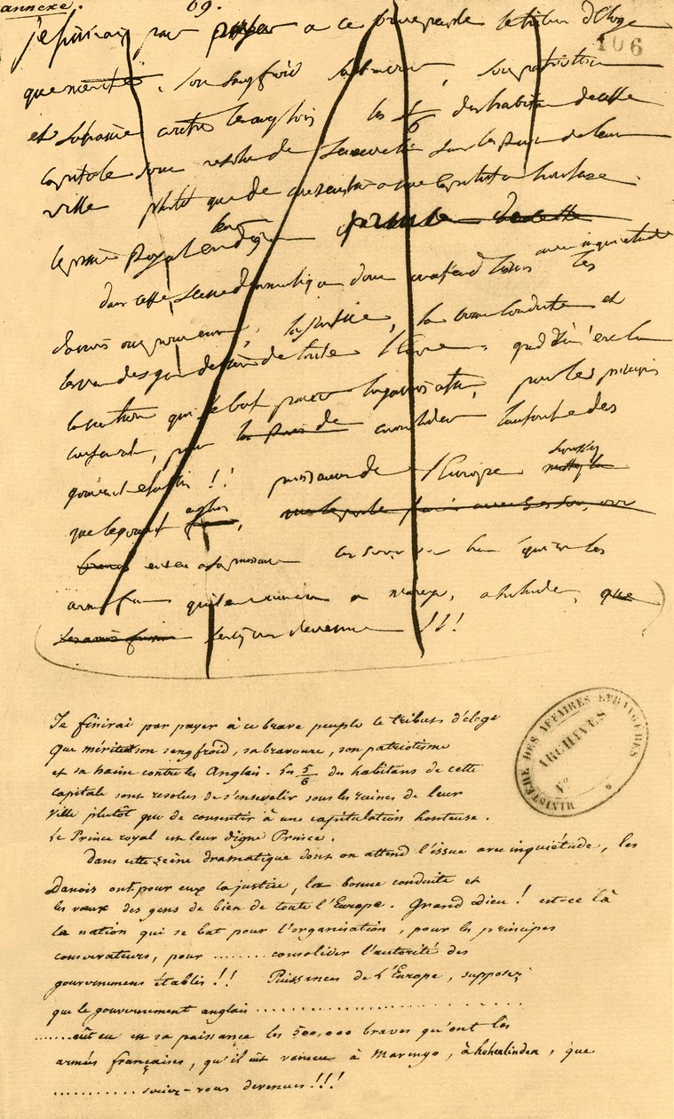 Karkea luonnos tekstistä sisällytettäväksi Le Moniteur Universel -julkaisuun, 16. huhtikuuta 1801, 1921. tekijältä Napoleon Bonaparte I