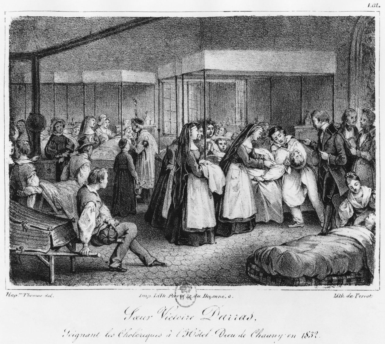Sisar Victoire Darras hoitamassa koleran uhreja Chaunyn Hotel-Dieussa vuonna 1832. tekijältä Napoleon Thomas